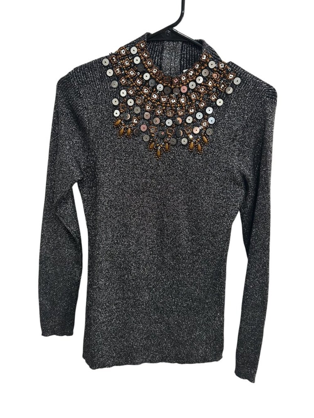 Lauren Michelle Beaded Neck Metallic Black Sweater Size L Statement Royalcore
